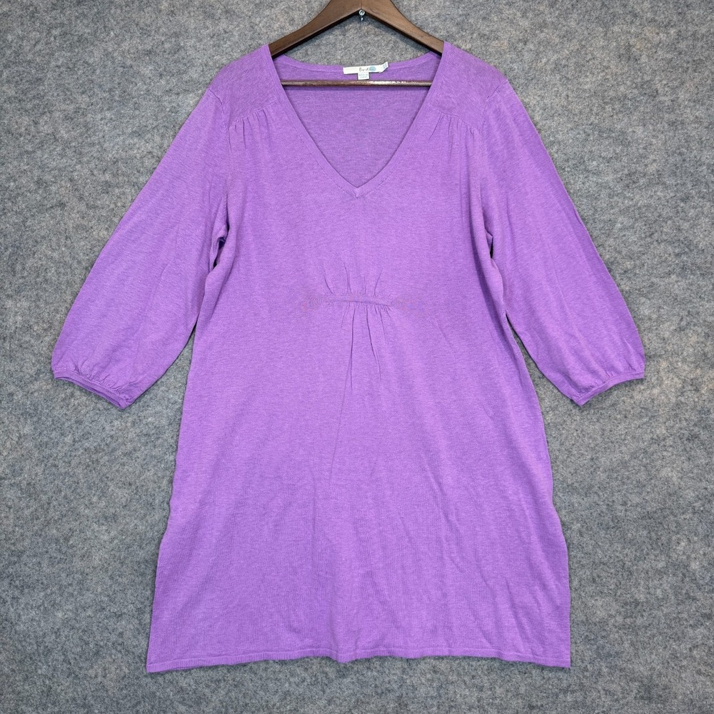 Boden Linen Blend Dress Womens US 16 XL Gathered Purple Knit Sweater Dress Tunic
